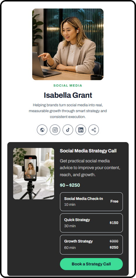 Isabella Grant CreatorStore storefront — social media strategy consulting