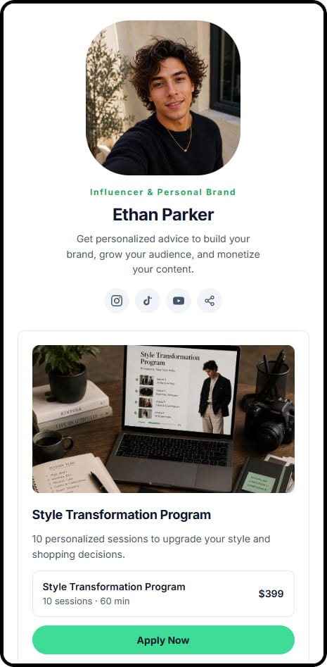 Ethan Parker CreatorStore storefront — personal brand style transformation coaching