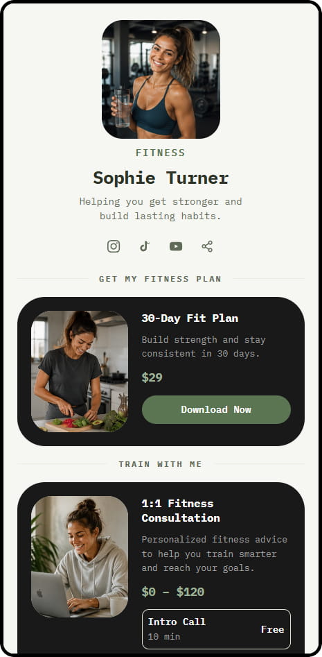 Sophie Turner CreatorStore storefront — fitness plans and 1:1 consultations