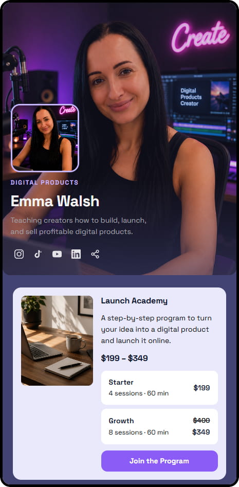 Emma Walsh CreatorStore storefront — digital products launch academy program