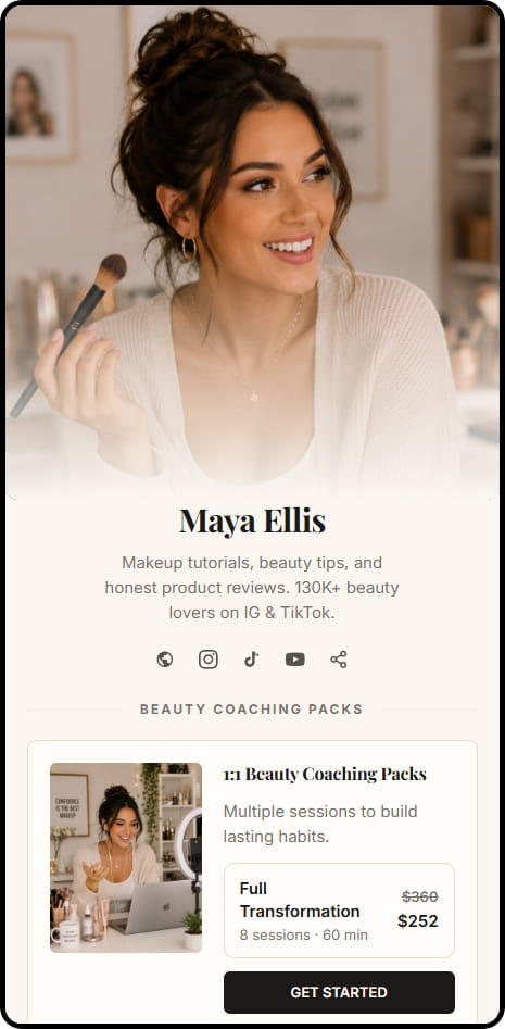 Maya Ellis CreatorStore storefront — beauty coaching packs and makeup tutorials