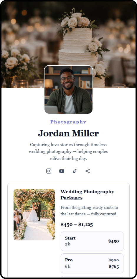 Jordan Miller CreatorStore storefront — wedding photography packages