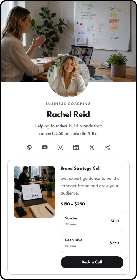 Rachel Reid CreatorStore storefront — business coaching and brand strategy