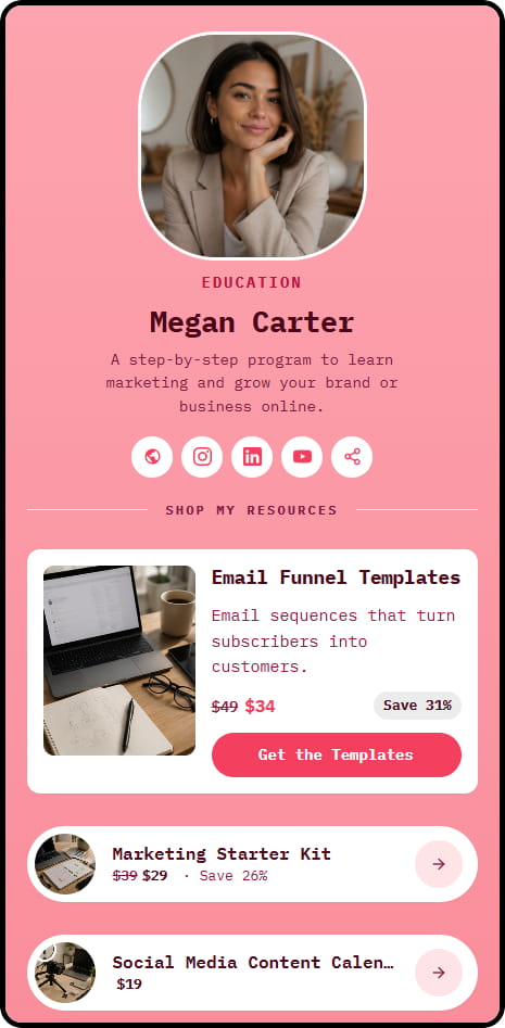 Megan Carter CreatorStore storefront — email funnel templates and marketing resources