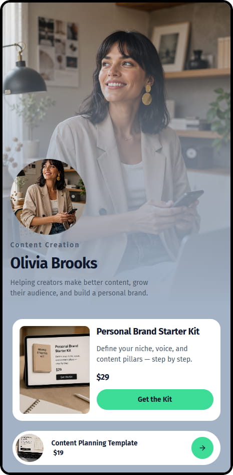 Olivia Brooks CreatorStore storefront — personal brand and content creation kit