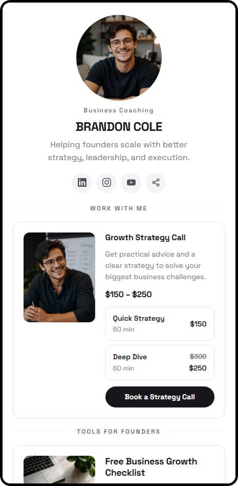Brandon Cole CreatorStore storefront — business coaching for founders