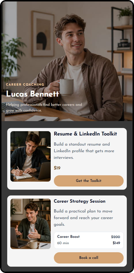 Lucas Bennett CreatorStore storefront — career coaching resume and LinkedIn toolkit