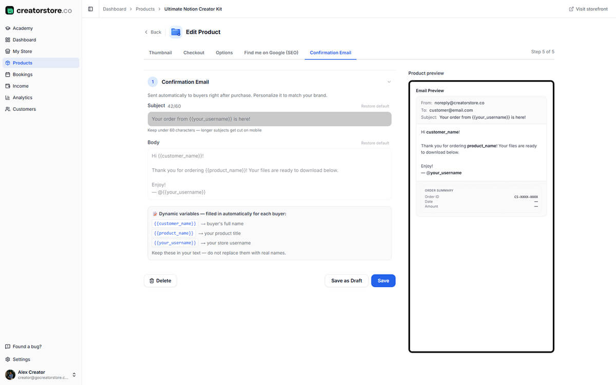 Admin Step 5 — Confirmation Email: customize subject and body with dynamic variables, live email preview