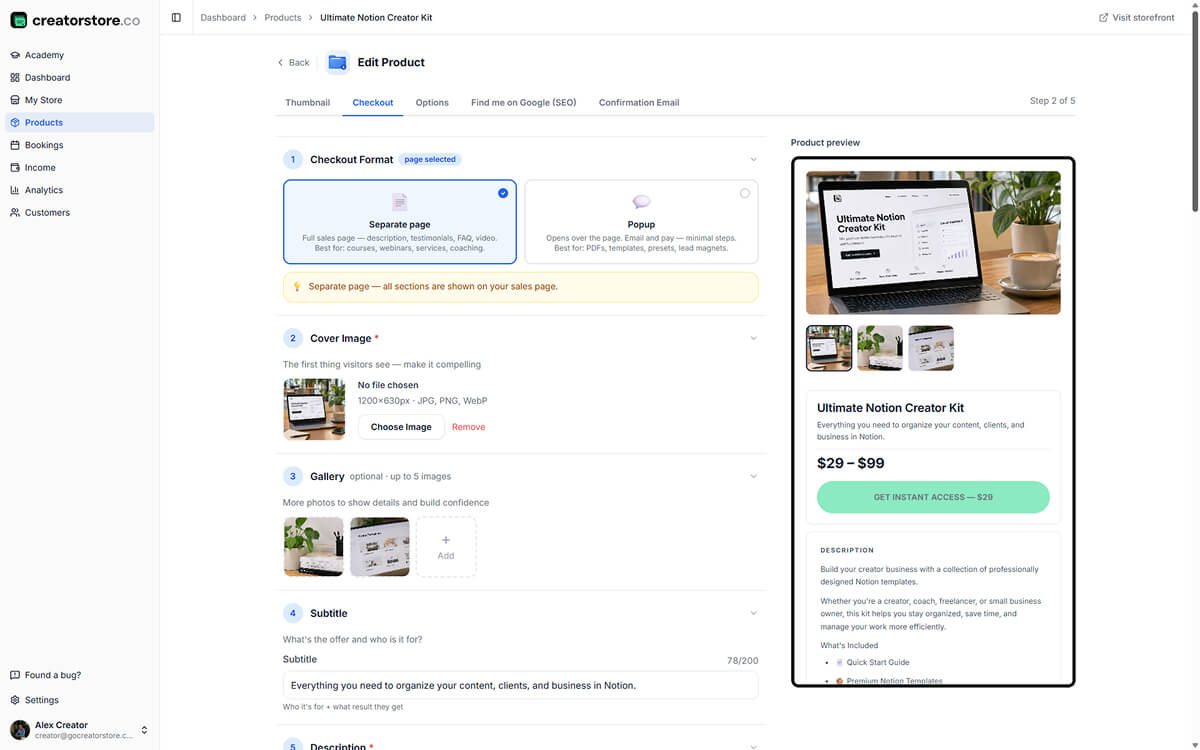 Admin Step 2 — Checkout: sales page builder with cover, gallery, description, video, guarantee, testimonials, FAQ