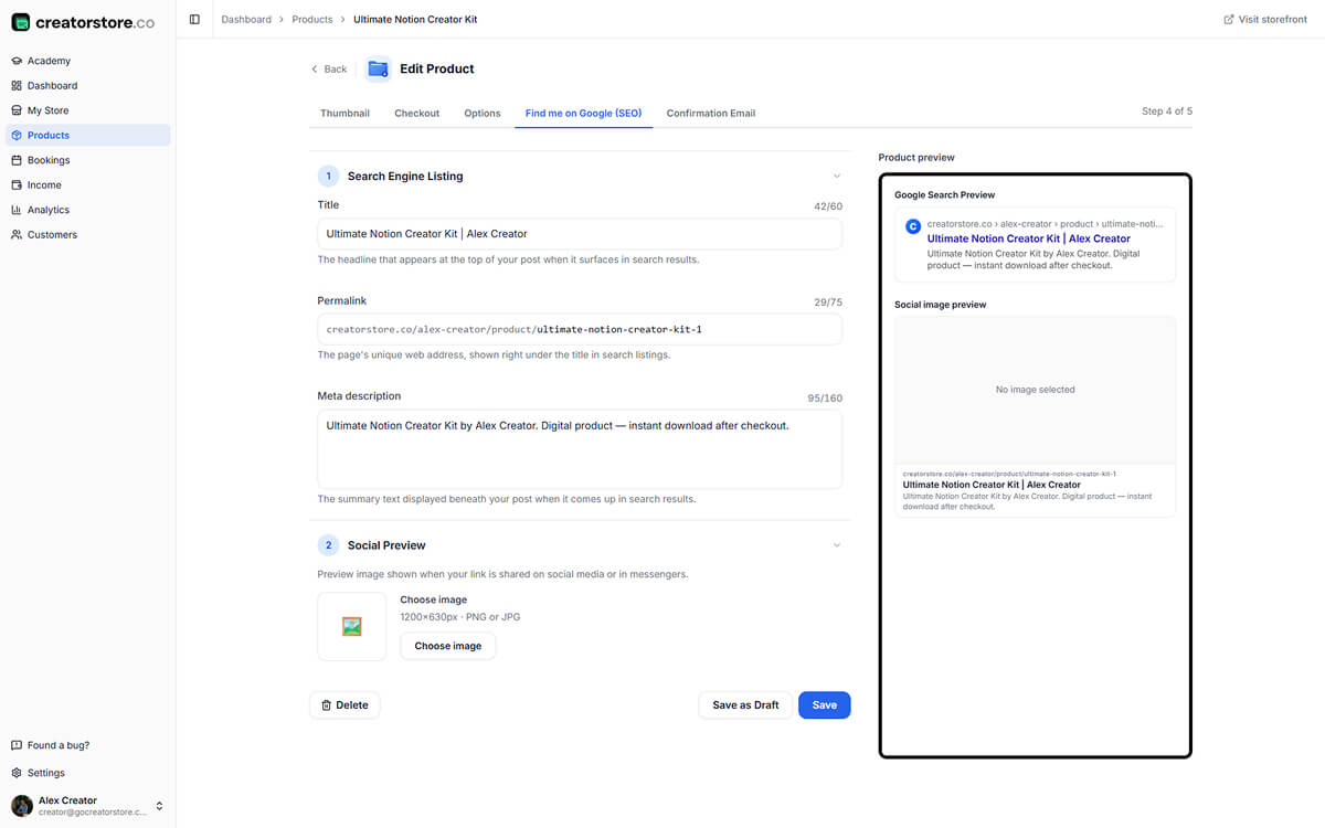 Admin Step 4 — SEO: meta title, permalink, description with live Google search preview