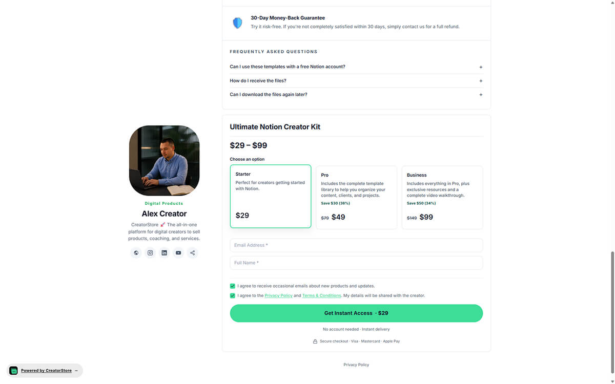Multi-tier pricing box — Starter, Pro, Business with different prices and files