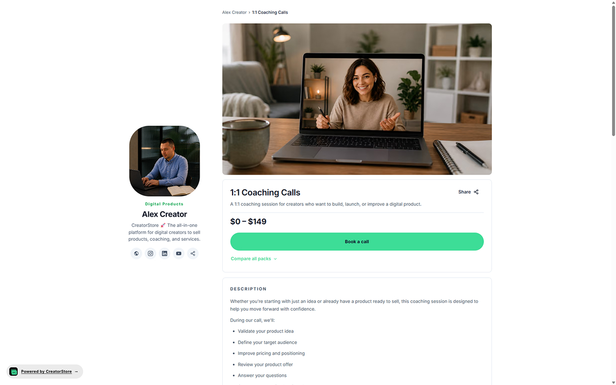 Dedicated business coaching sales page with cover, description, package comparison, testimonials, guarantee, and FAQ