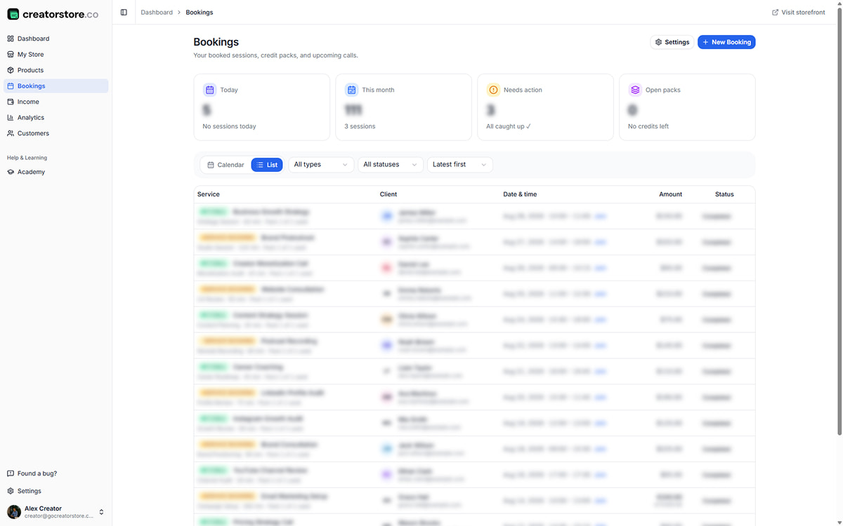 Client credits table — client name, pack tier, credits used, credits remaining, pack expiry date, and filter options
