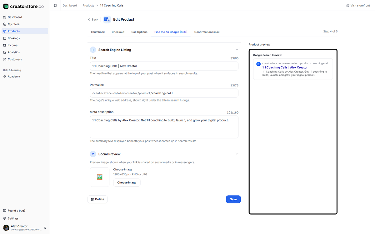 Admin Step 4 — SEO: meta title, permalink, description with live Google search preview