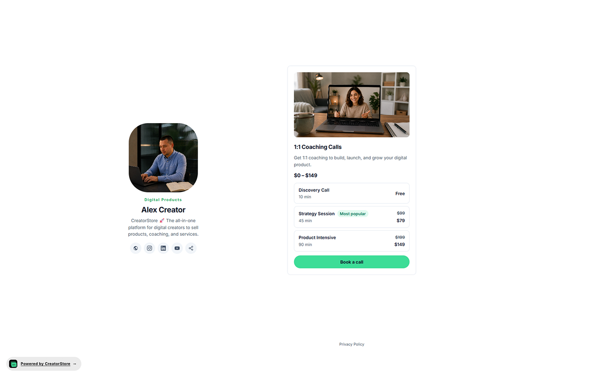 Business coaching offer card on the storefront — cover, title, subtitle, price range, three call packs listed with Book a call button