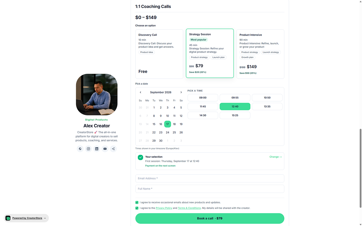 Package selection with calendar and time-slot picker — client picks Strategy Call, 8-Week Program, or Retainer, a date, and a time