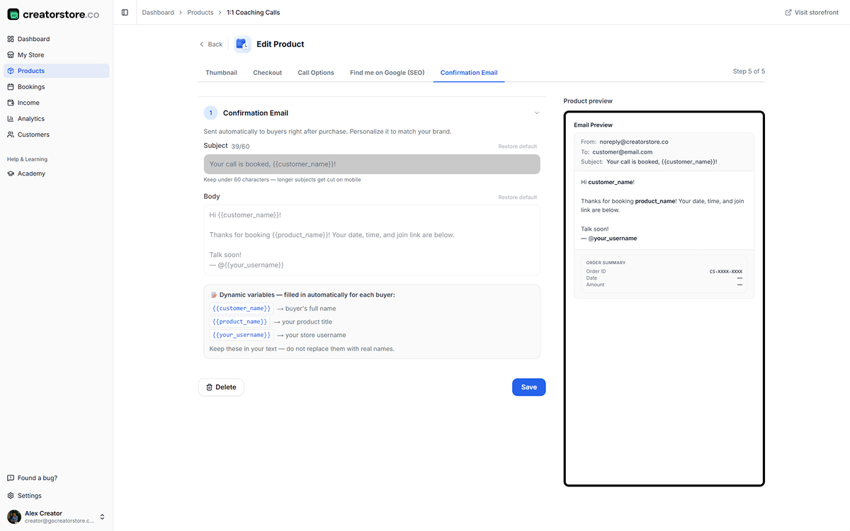 Admin Step 5 — Confirmation Email: customize subject and body with dynamic variables, live email preview with join link
