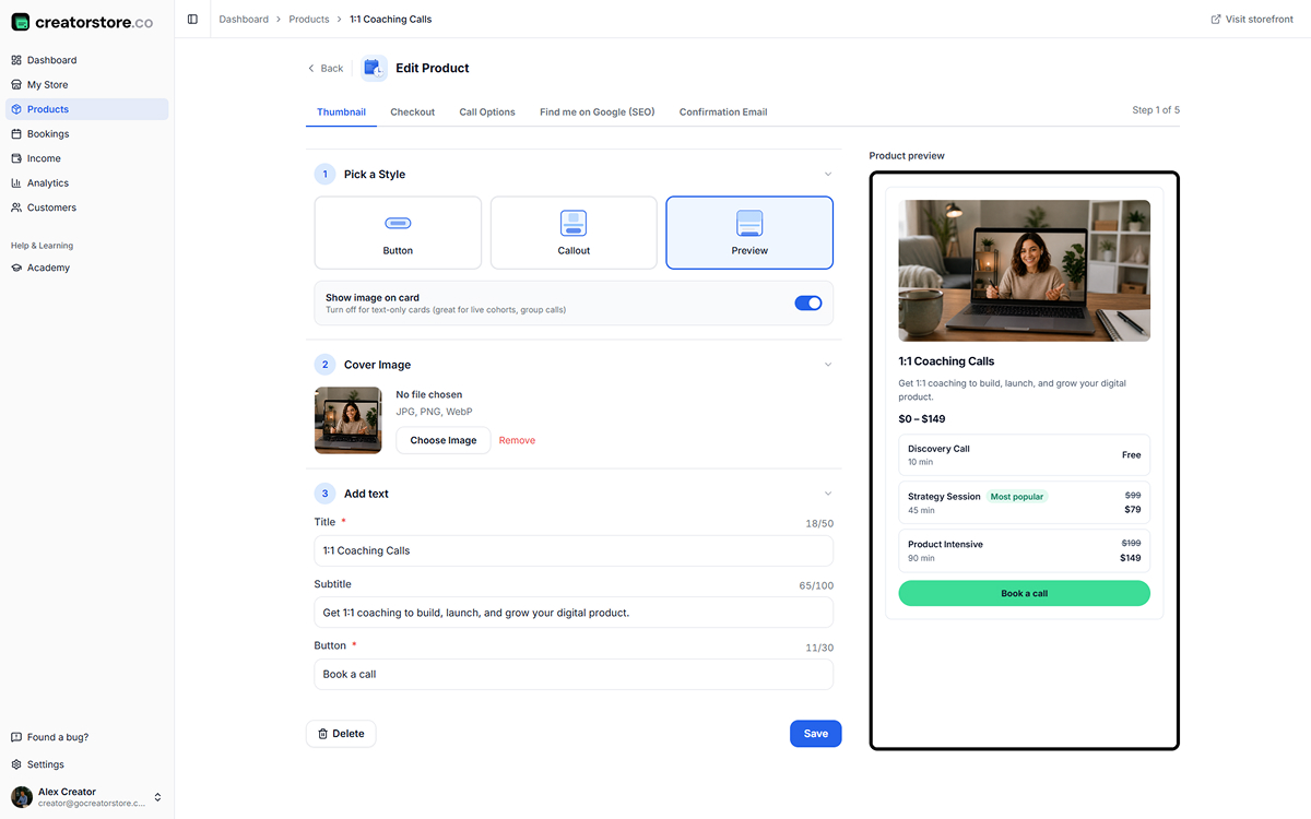 Admin Step 1 — Thumbnail: pick card style, upload cover image, add title, subtitle, and Book a call button