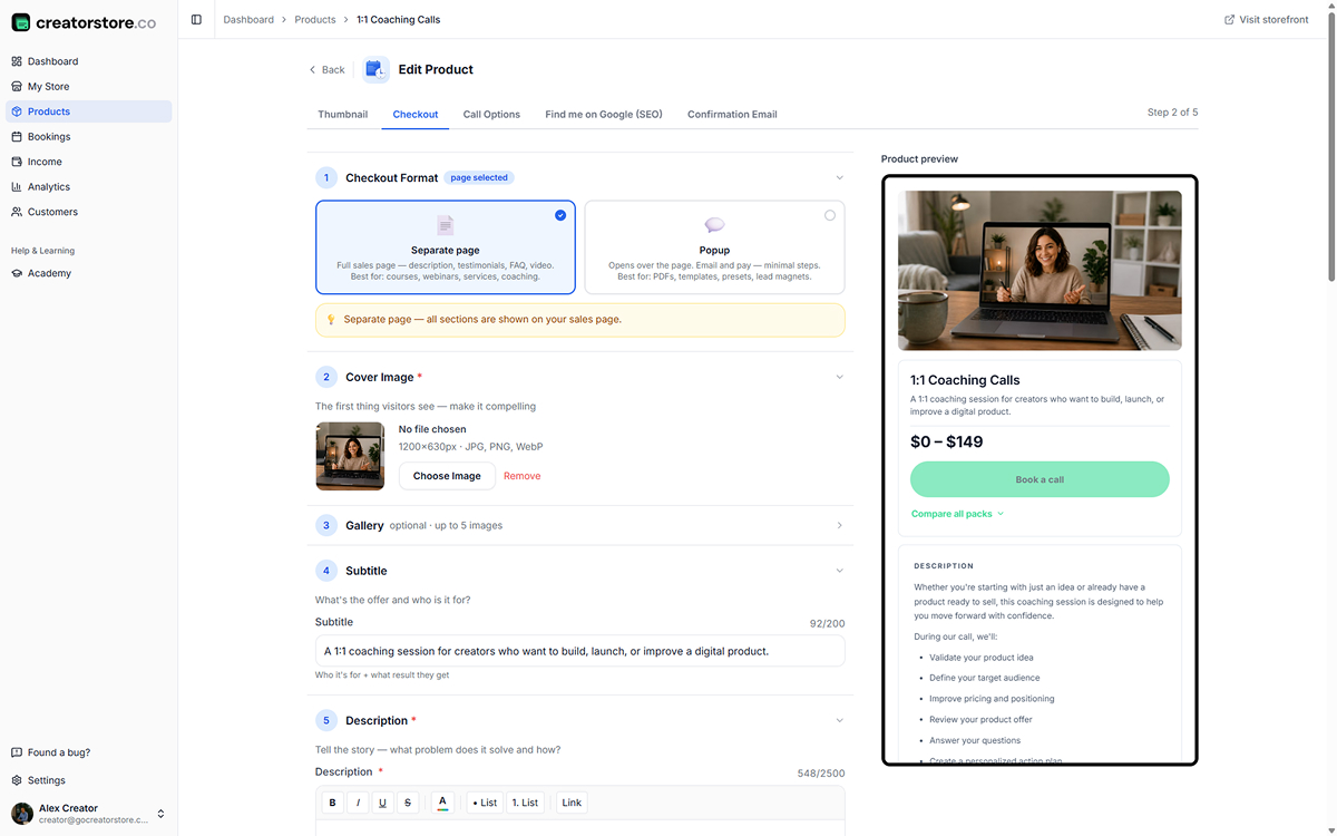 Admin Step 2 — Checkout: sales page builder with cover, gallery, description, video, guarantee, testimonials, FAQ