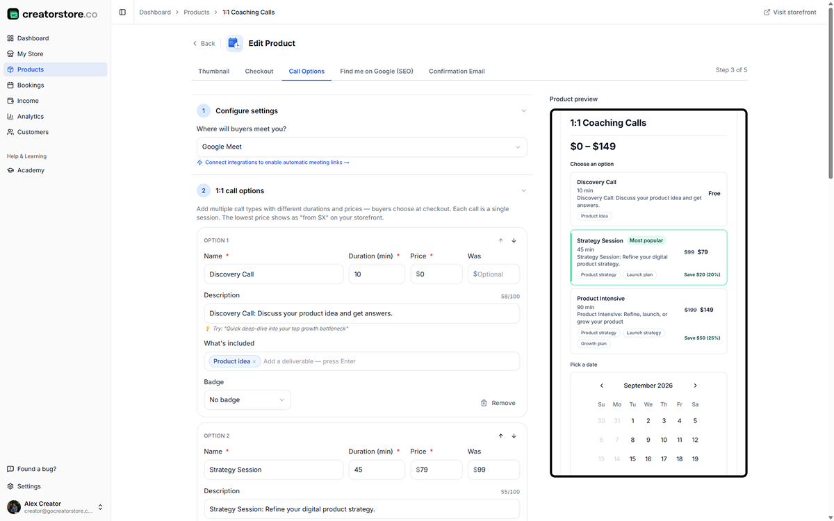 Admin Step 3 — Call Options: multiple call types with duration and price, weekly availability, time-off overrides
