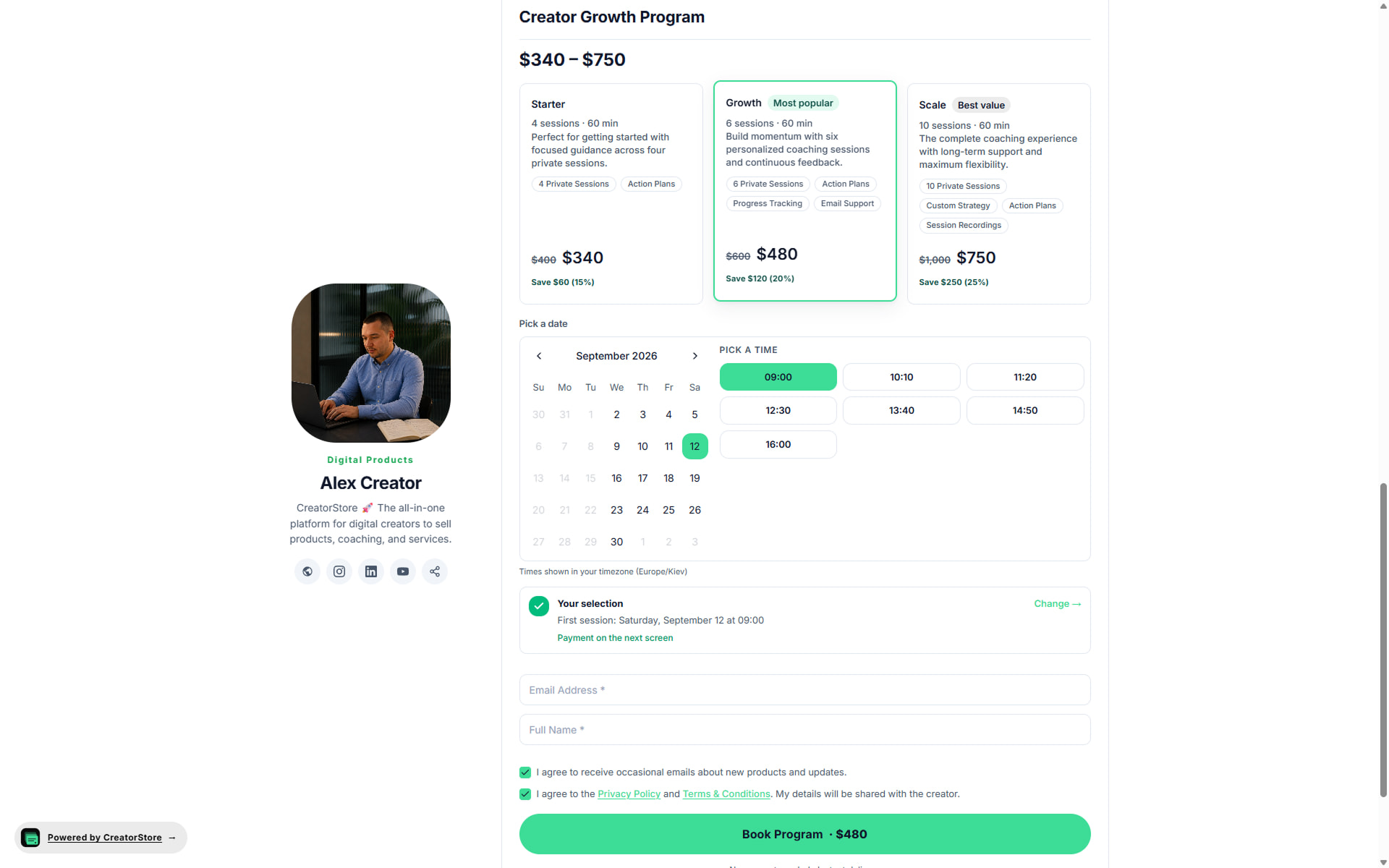 Pack tier picker with multiple tiers side by side — Most popular and Best value badges — plus calendar, time slot picker, email and name form, and Book Program button showing selected tier price