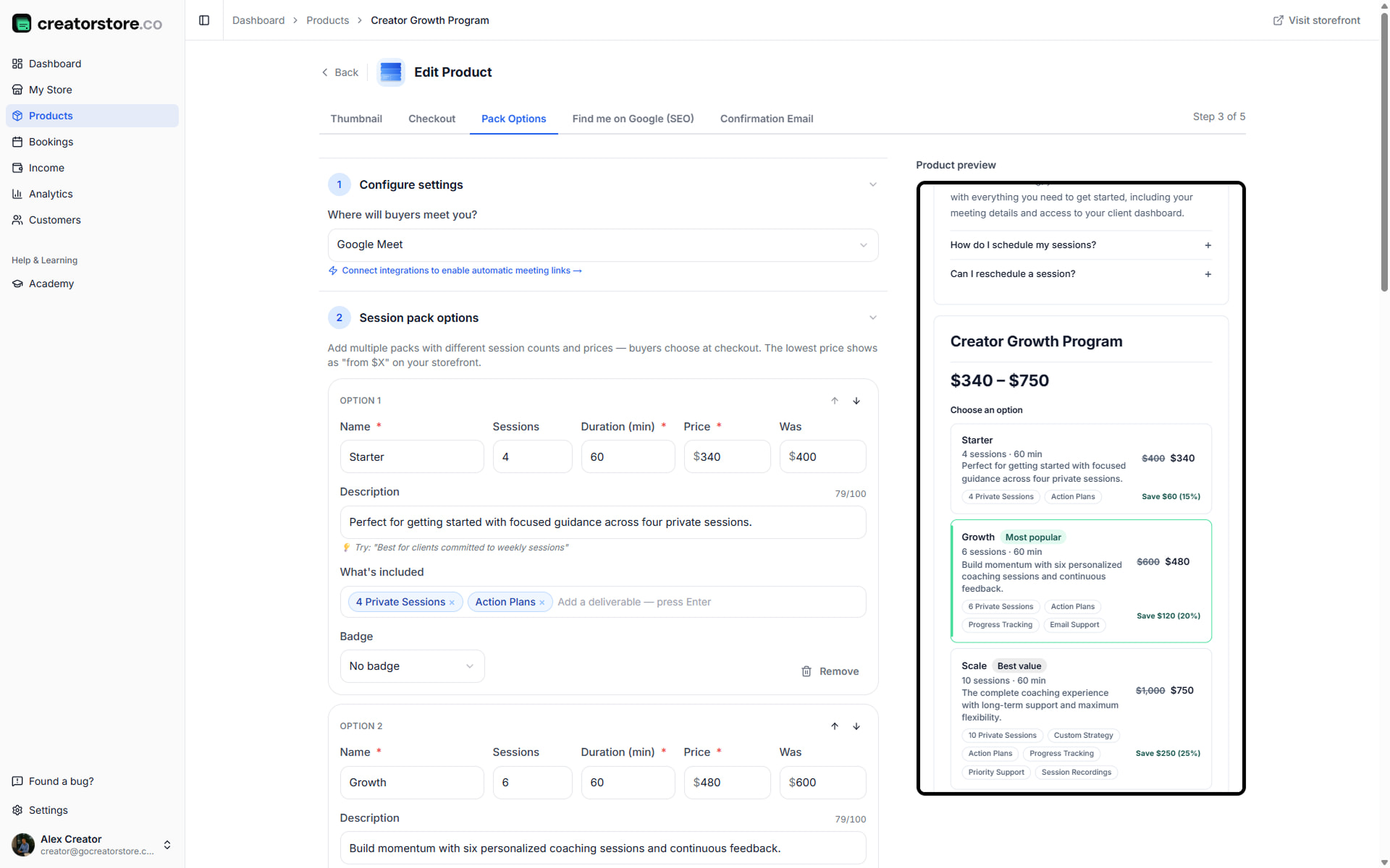 Admin — Pack Options — Pack Options: multiple pack tiers with sessions, duration, price, badges, weekly availability, validity period