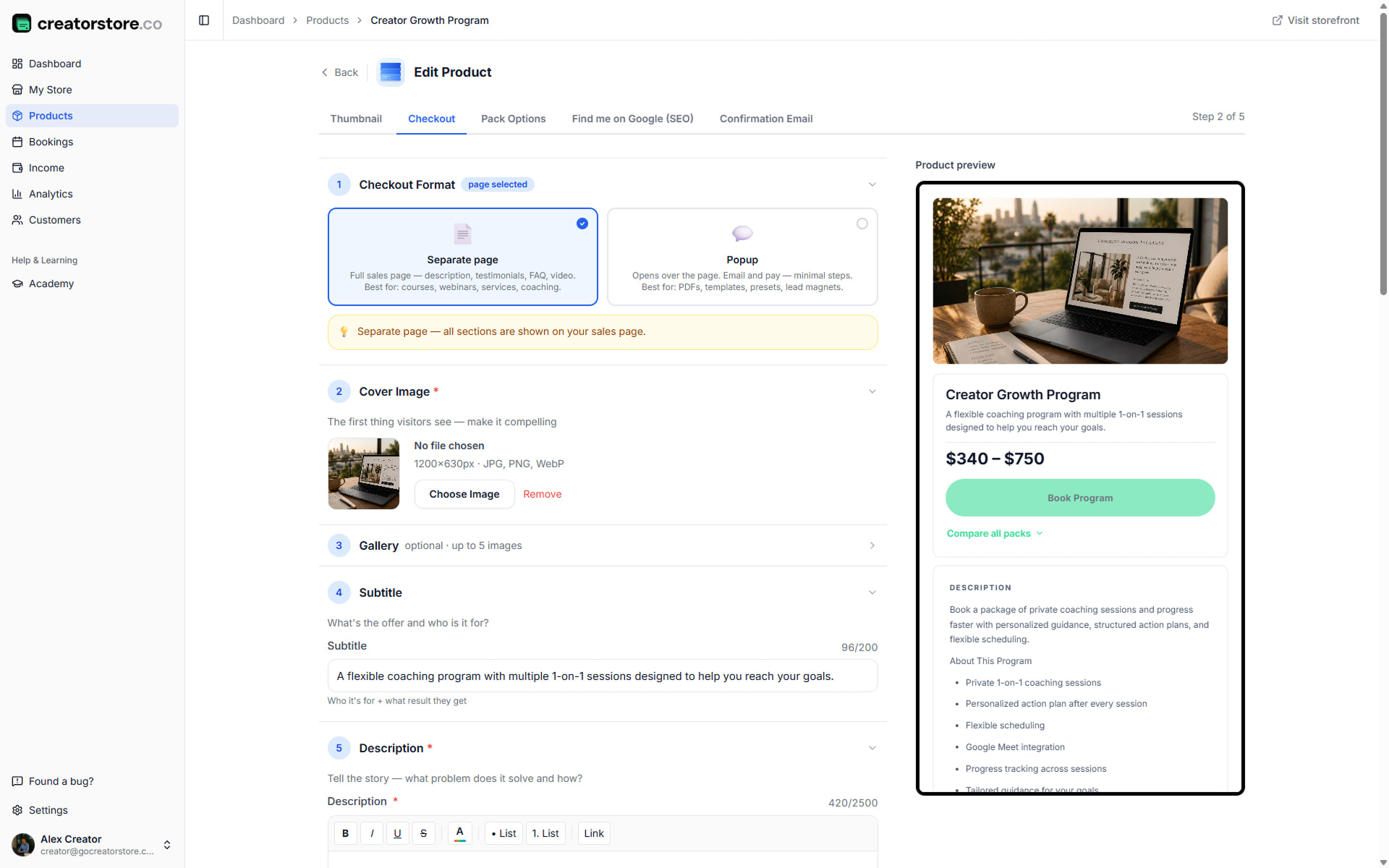 Admin — Checkout — Checkout: sales page builder with cover, gallery, description, video, guarantee, testimonials, pre-filled program FAQ
