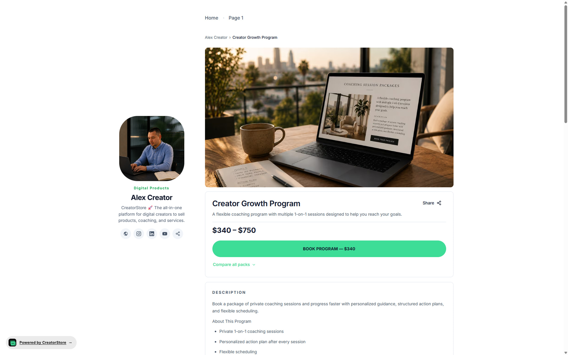 Dedicated coaching program sales page with breadcrumb, hero image, title, subtitle, price, Book Program button, Compare all packs toggle, and full description with About This Program and Perfect for lists