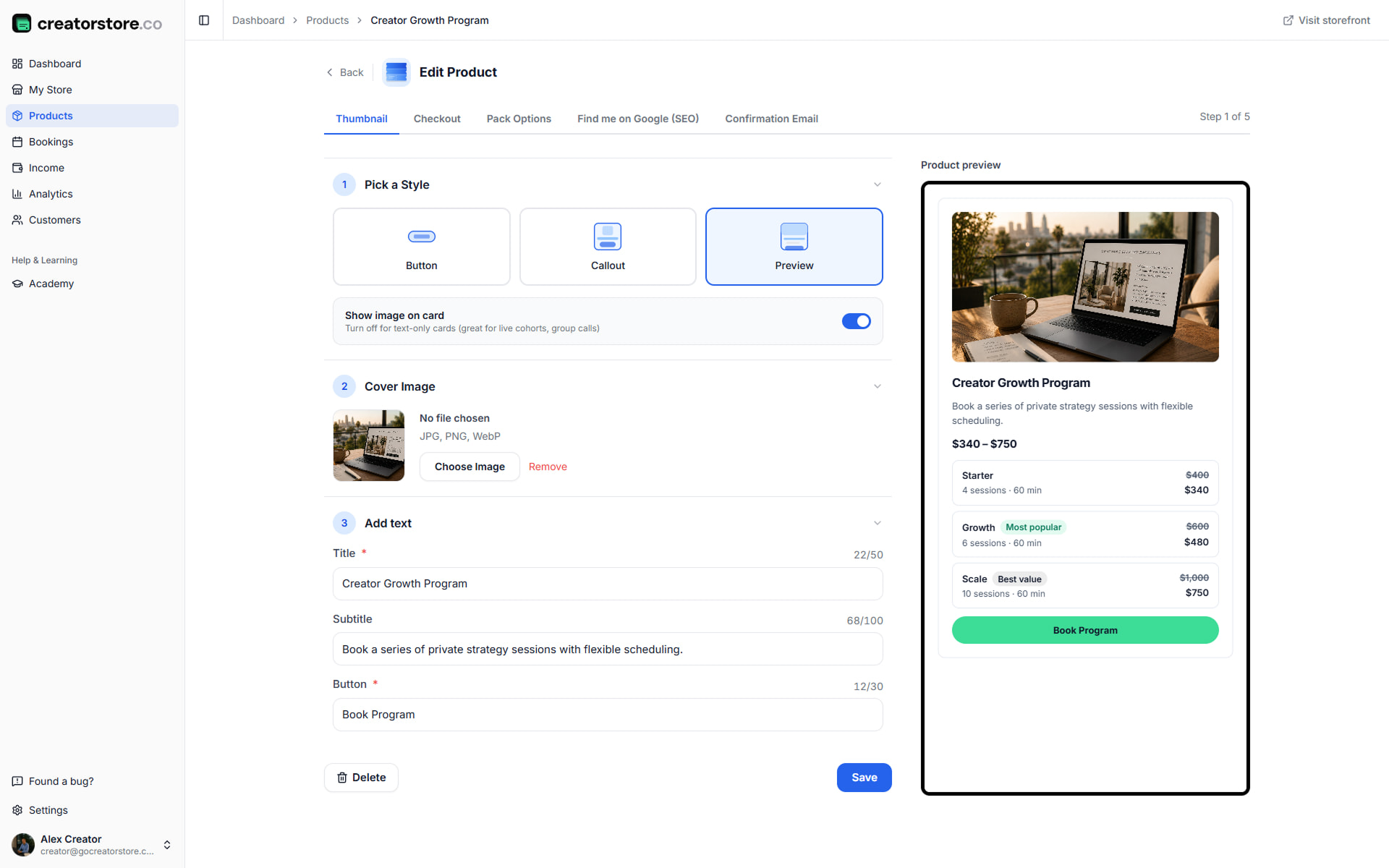 Admin — Thumbnail — Thumbnail: pick card style, upload cover image, add title, subtitle, and Book Program button