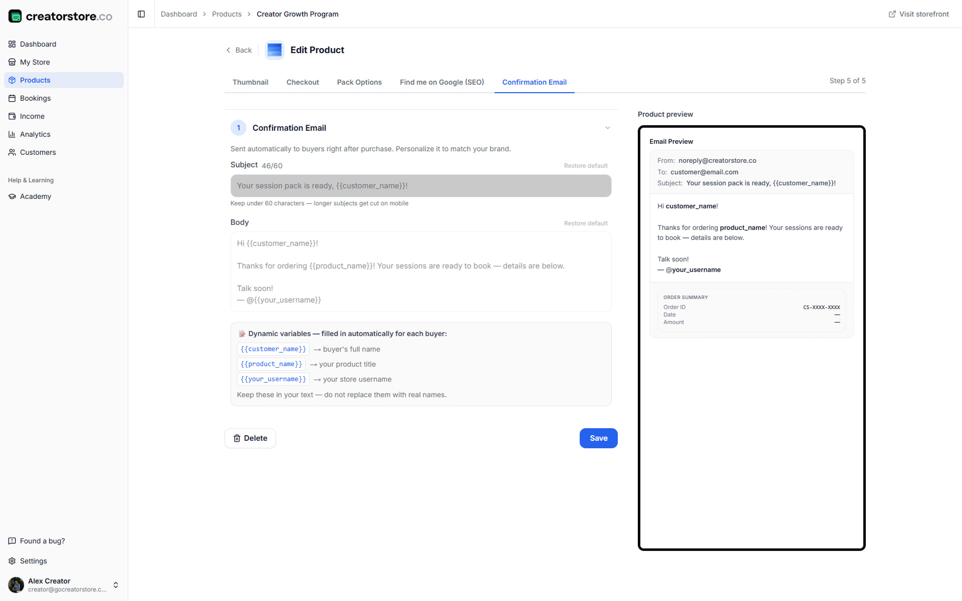 Admin — Confirmation Email — Confirmation Email: customize subject and body with dynamic variables, live email preview with Order Summary