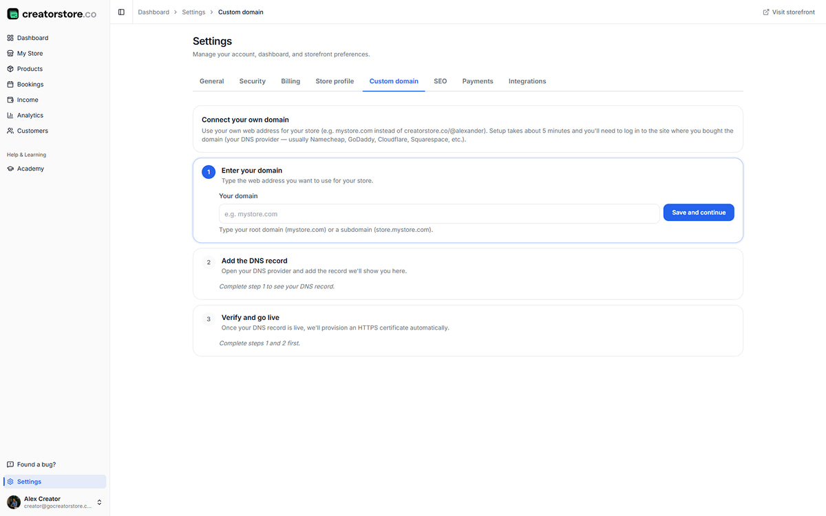 Custom domain setup screen — enter yourname.com and get the DNS record to connect