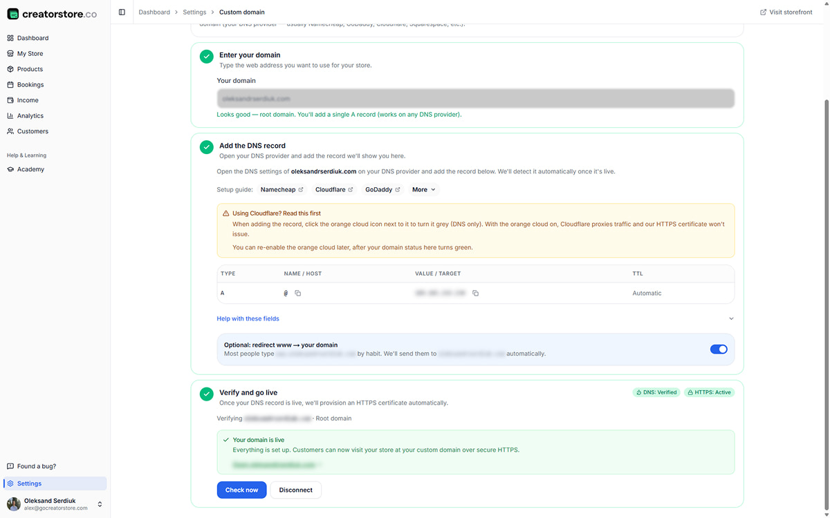 Domain connected — status screen showing DNS verified and HTTPS certificate provisioned in a couple minutes