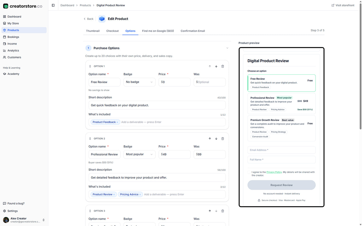 Admin Step 3 — Options: multiple purchase options with names, badges, prices, was prices, and 'What's included' scope tags per tier