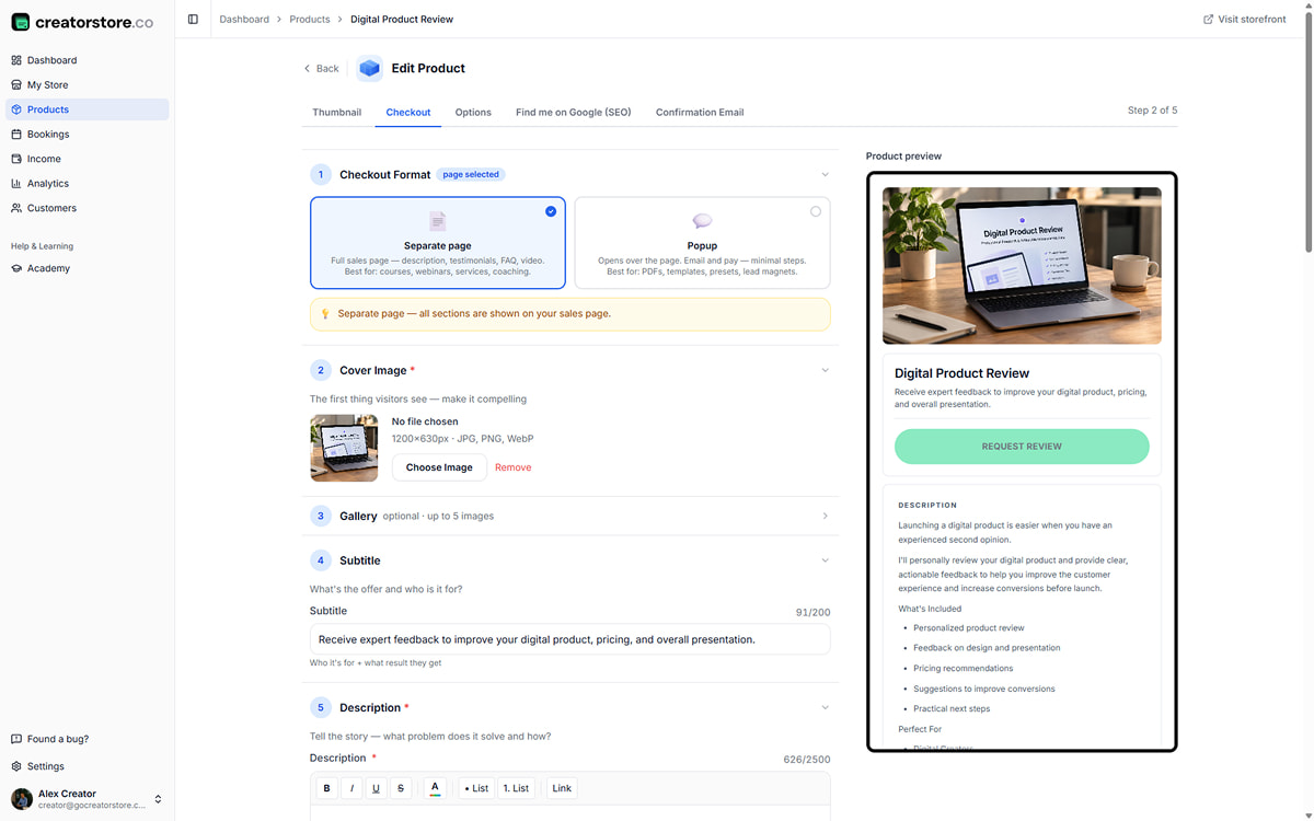 Admin Step 2 — Checkout: sales page builder with cover, gallery, description, video, guarantee, testimonials, service FAQ, and Collect Info intake fields