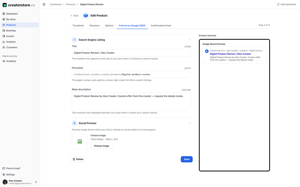 Admin Step 4 — SEO: meta title, permalink, description with live Google search preview