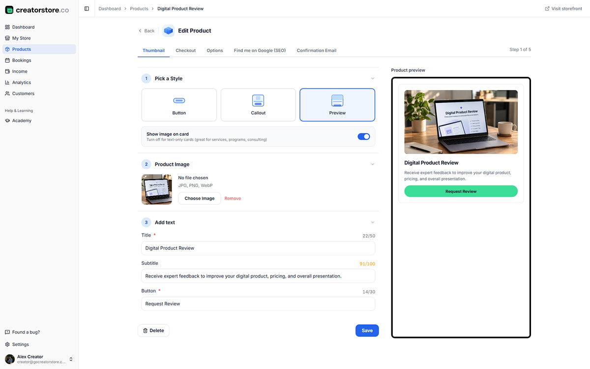 Admin Step 1 — Thumbnail: pick card style, upload cover image, add title, subtitle, and 'Order now' button