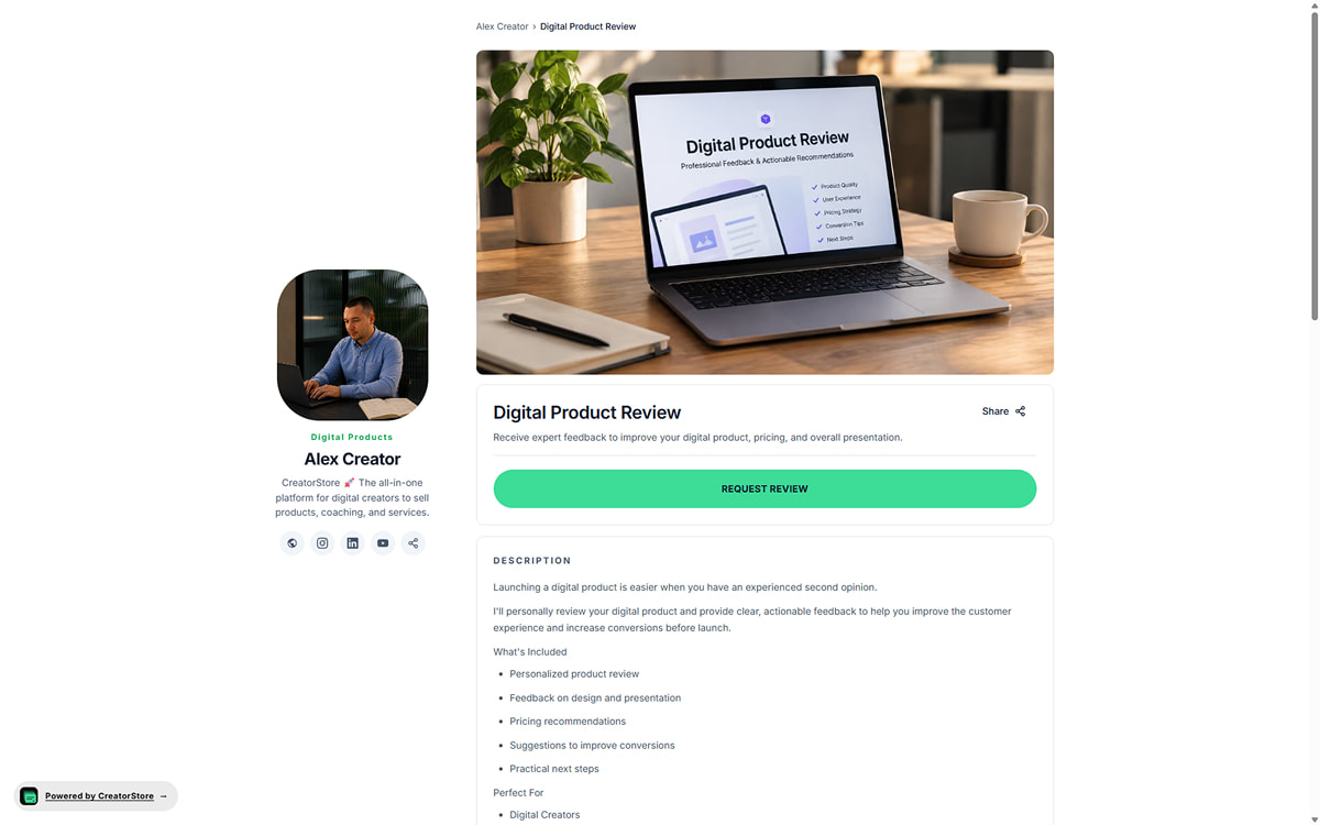 Dedicated custom service sales page with breadcrumb, cover image, title, description, testimonials, guarantee, and FAQ