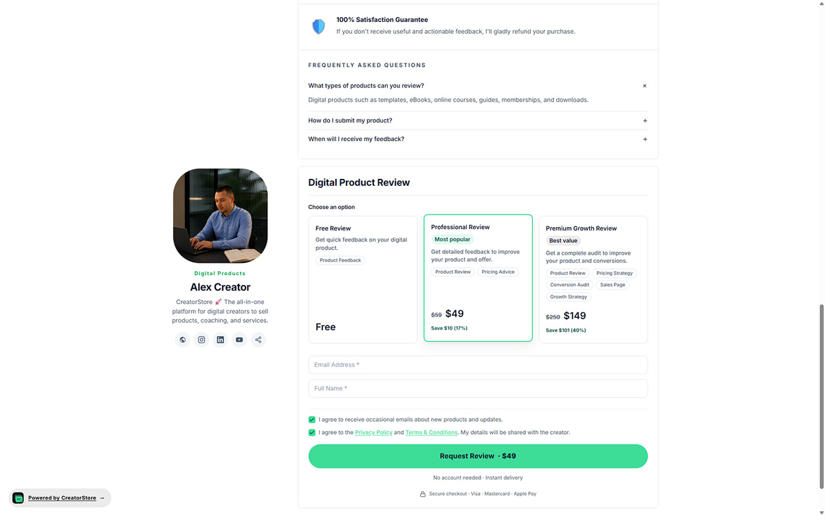 Purchase options and checkout — buyer picks Free Review / Professional Review / Premium Growth Review tier, fills intake (Email, Full Name, Product URL, Notes), agrees to terms, submits