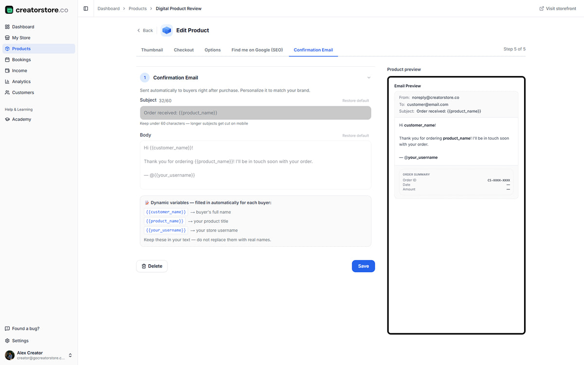 Admin Step 5 — Confirmation Email: customize subject and body with dynamic variables, live email preview with intake summary and turnaround date