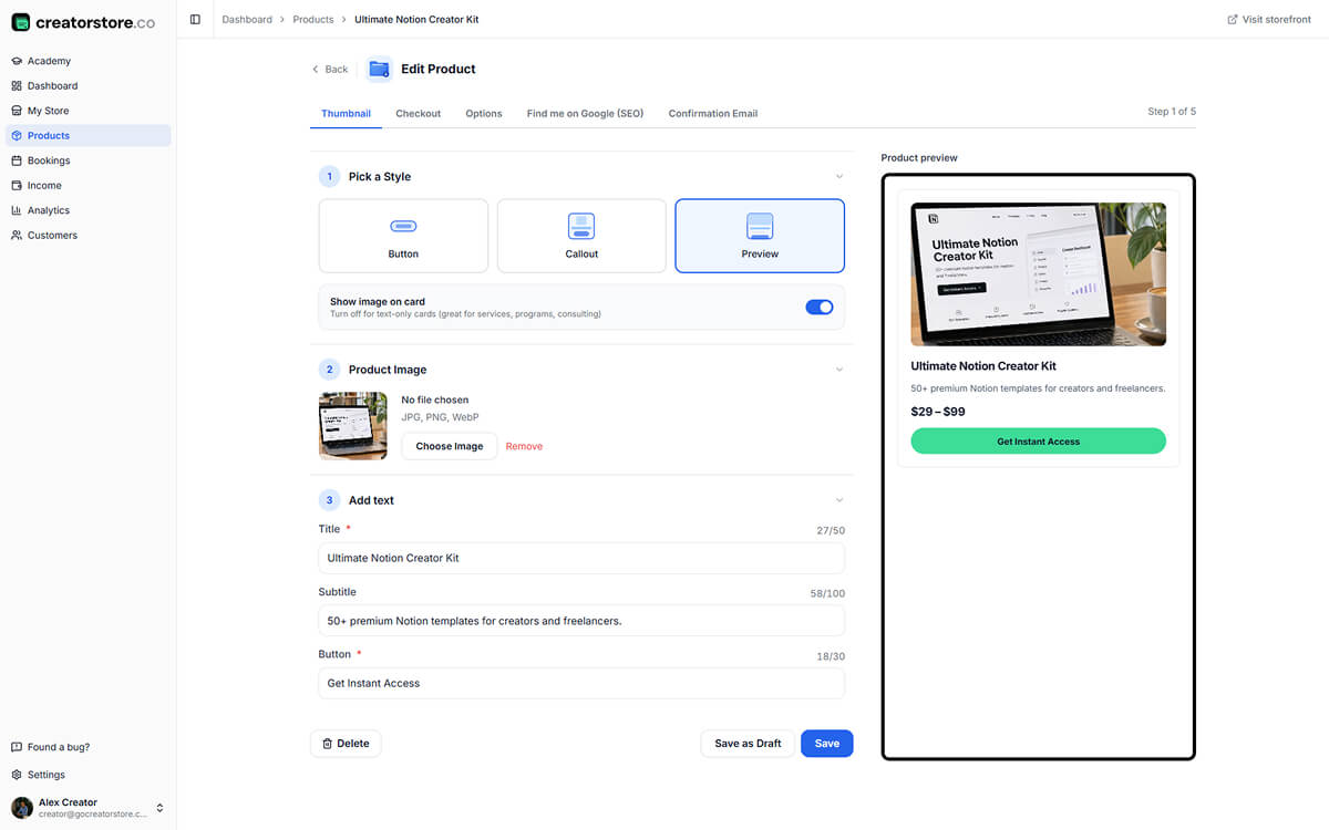 Admin Step 1 — Thumbnail: pick card style, upload image, add title and button text