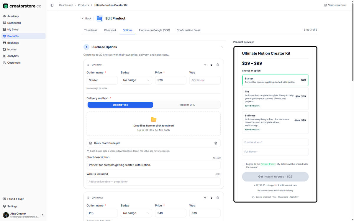 Admin Step 3 — Options: multi-tier pricing with Starter/Pro/Business, file uploads, savings calculator