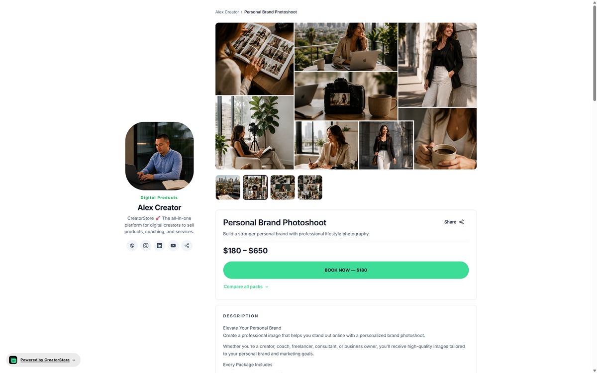 Dedicated service sales page with cover, gallery, service tiers, description, testimonials, guarantee, FAQ