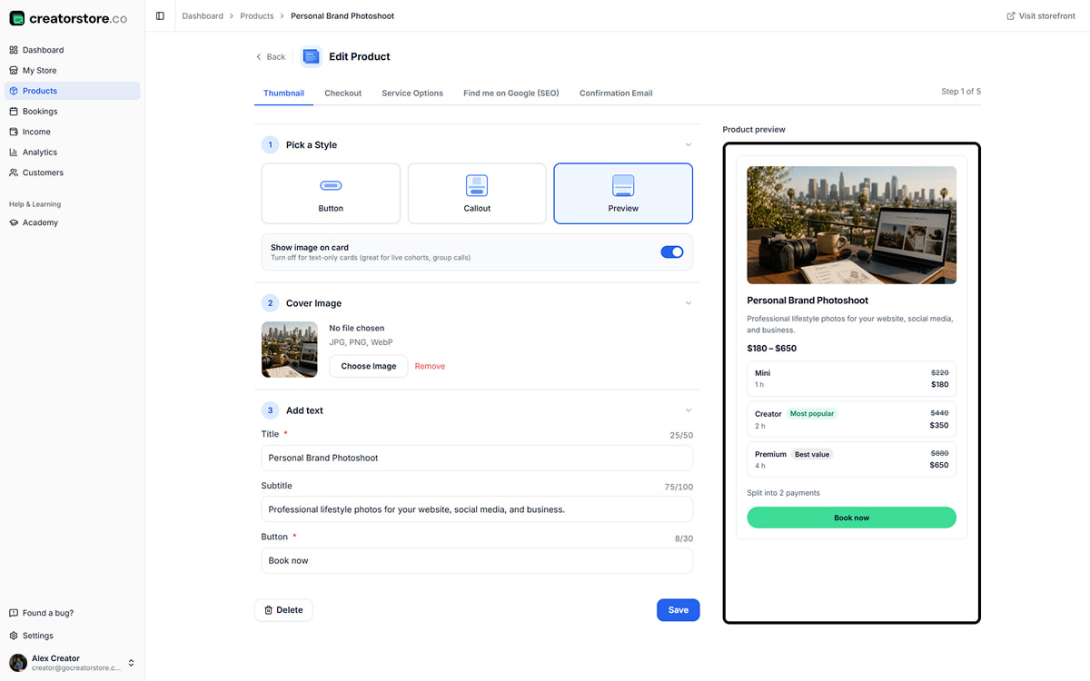 Admin Step 1 — Thumbnail: pick card style, upload cover, add title and Request quote button