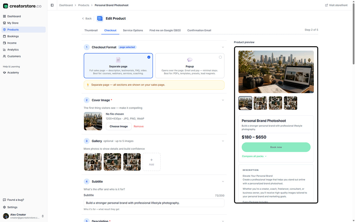 Admin Step 2 — Checkout: sales page builder with cover, gallery, description, video, guarantee, testimonials, FAQ