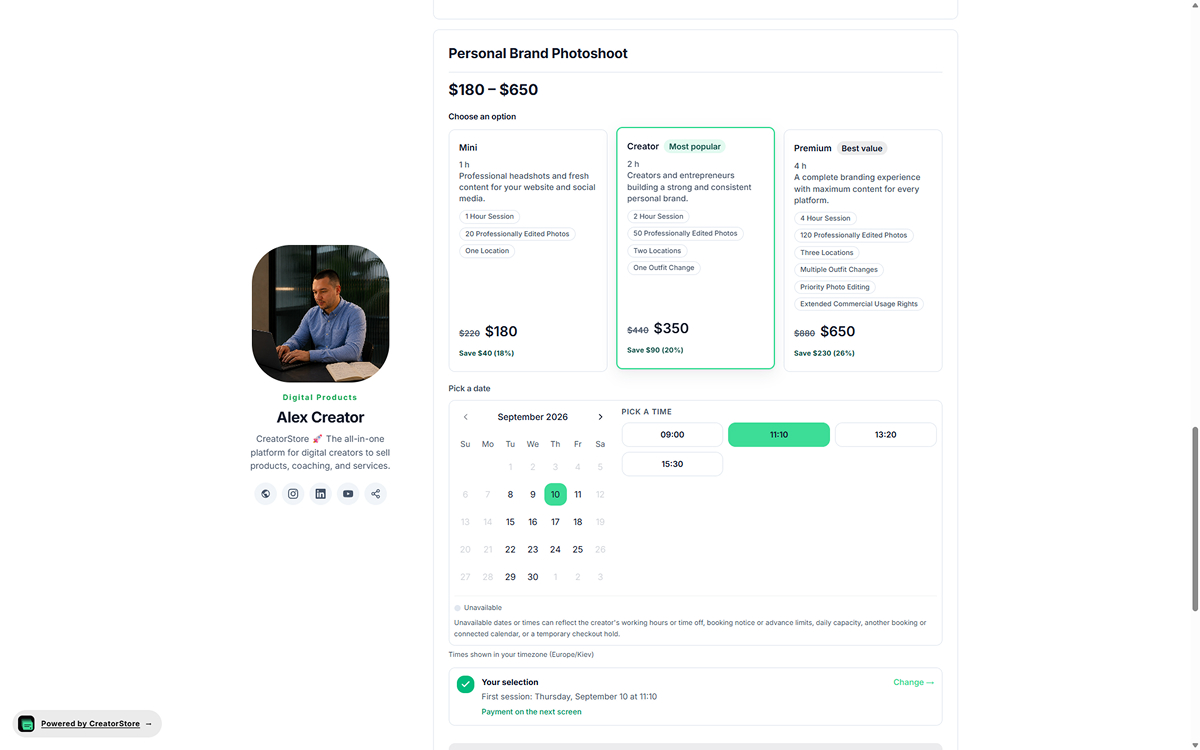 Booking form — client picks tier, fills brief with Project URL, Deadline, Budget, Notes, uploads files