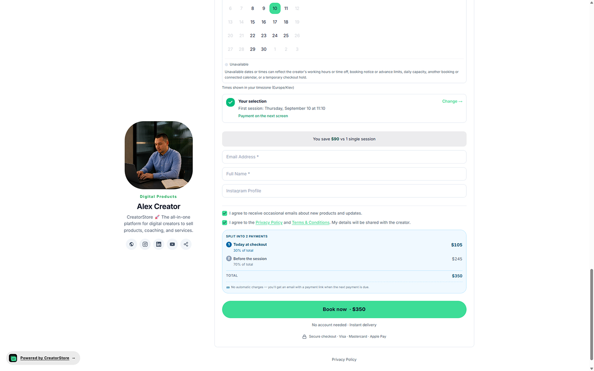 Quote & payment view — client sees your quote with total, deposit amount, split schedule, pay Stripe or PayPal