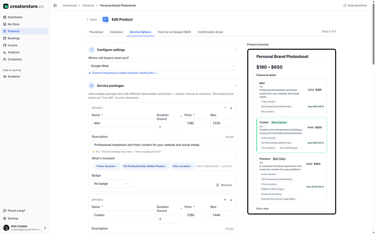 Admin Step 3 — Options: service tiers with scope tags, prices, was-prices, auto-calculated savings
