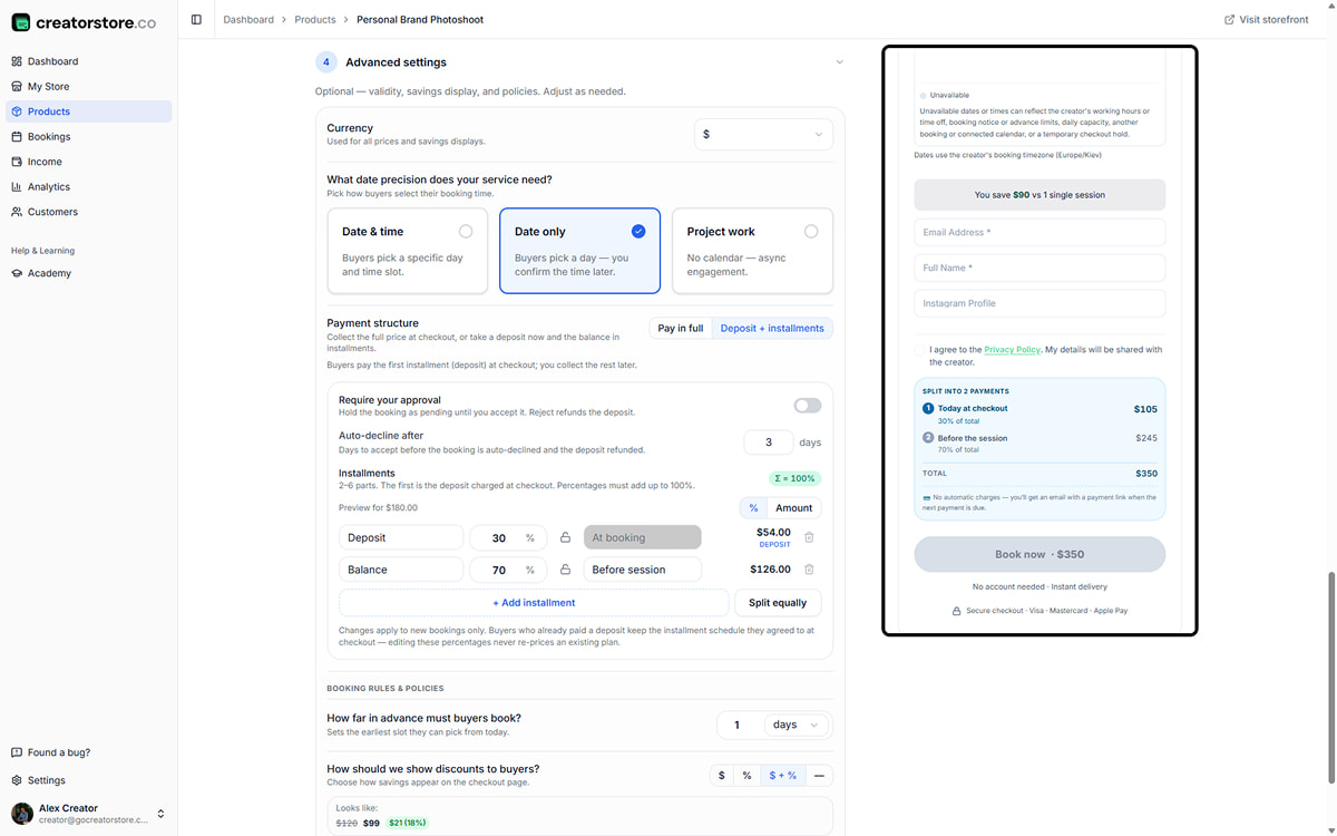 Admin Step 04 — Options Advanced settings: date precision, payment structure with installments, approval toggle, booking rules and policies