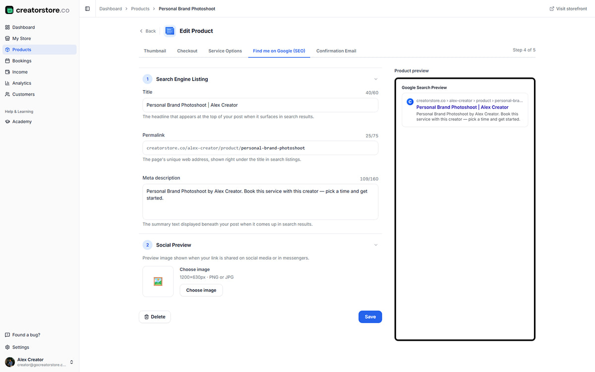 Admin Step 05 — Find me on Google (SEO): search engine listing with Title, Permalink, Meta description, social preview image, live Google search preview panel