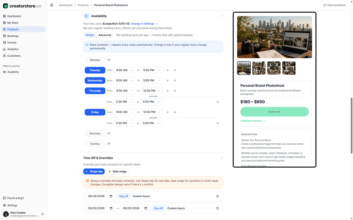 Admin Step 04 — Options Working hours: weekly base schedule per day, Simple or Advanced mode with breaks, timezone, Time Off & Overrides for single days and date ranges